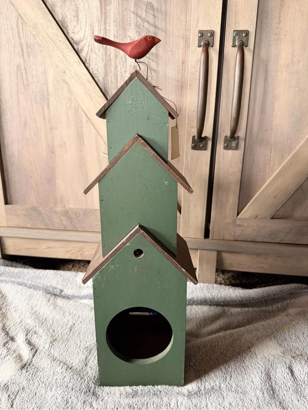 Decorative Green Birdhouse Wall Clock with Red & Cream Birds